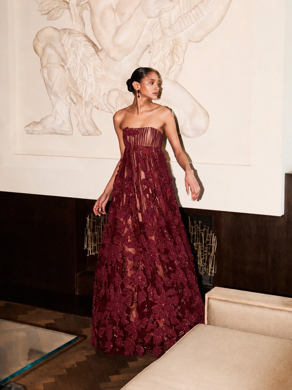 Helsi Beatrice Strapless Empire Waist 3D Floral Gown in Merlot size XS NWT